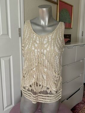 Verve Y2K Shimmery Cream & White Crochet Overlay Tank Top
